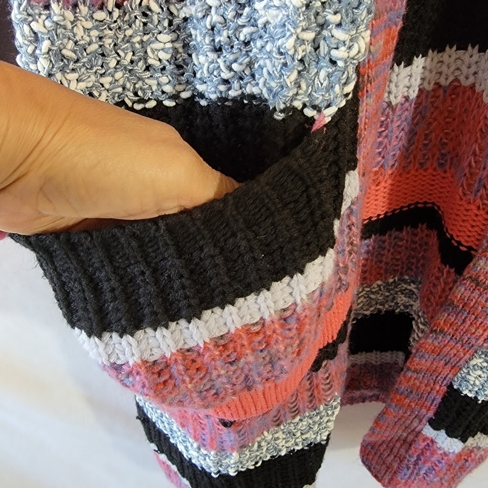 Women's Multicolored Striped Open Front Duster Cardigan L Boho Minimalist Pocket - Picture 7 of 11